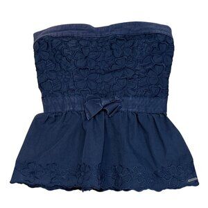 Y2K Hollister Navy Blue Strapless Floral-Embroidered Peplum Top Size M Smocked B